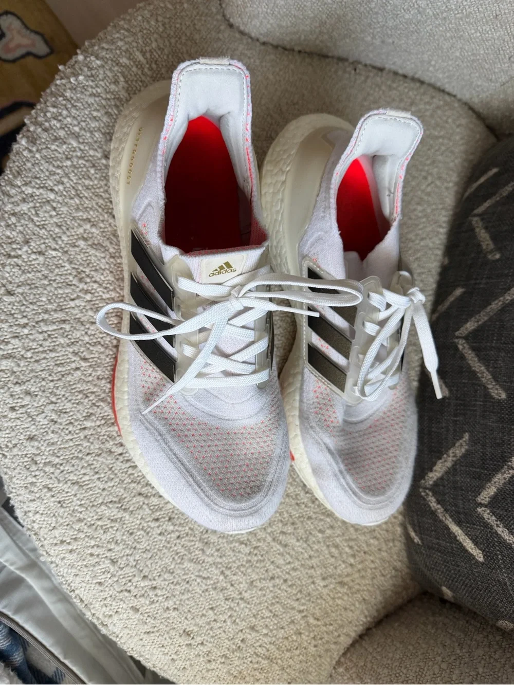 adidas ultra-boost  White Sneakers with Black Stripes and Coral Accents 8.5